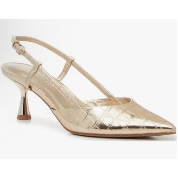 Nine West Rillas Croc Print Size 8M Kitten Pump Gold Adjustable Ankle Strap NWOB - Picture 1 of 12